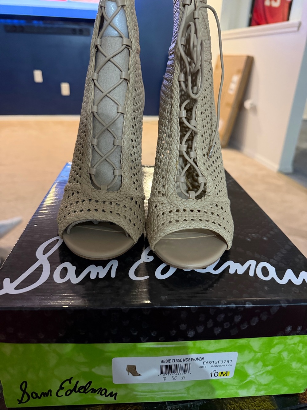 Sam Edelman Beige Woven Lace-Up Peep-Toe Booties